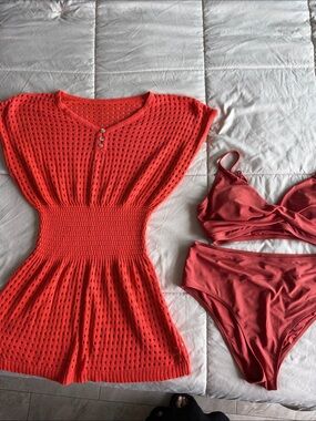 Cupshe Women's Red/Orange Knit Swim Cover-Up & Swimsuit set